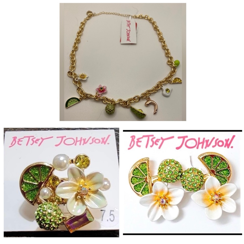 BETSEY JOHNSON SET Spring Brunch Necklace Earrings Ring Matching 3 Piece Set NWT